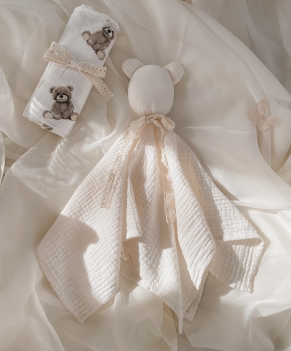 Muślinowa przytulanka Teddy Latte + OPCJA haftu imienia