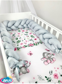 5 el.Pościel do łóżeczka 120x90 "Nature&Flowers" (słoniki w ogrodzie +popielaty warkocz)