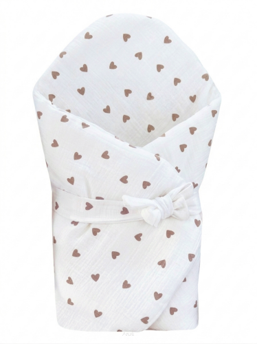Rożek becik muślinowy, otulacz, kołderka, mata z wypełnieniem 4w1 (brązowe serca)
