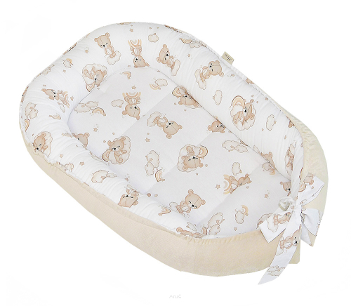 Kokon niemowlęcy otulacz dwustronny velvet/bawełna (capuccino +miś na chmurce)