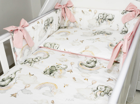 5 el.Pościel do łóżeczka 120x90 dwustronna "KOKARDKA" (słonik z tęczą +róż puder)