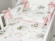 5 el.Pościel do łóżeczka 120x90 dwustronna "KOKARDKA" (słonik z tęczą +róż puder)