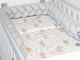 5 el.Pościel do łóżeczka 120x90 "Nature&Flowers" (misie good night +popielaty warkocz)