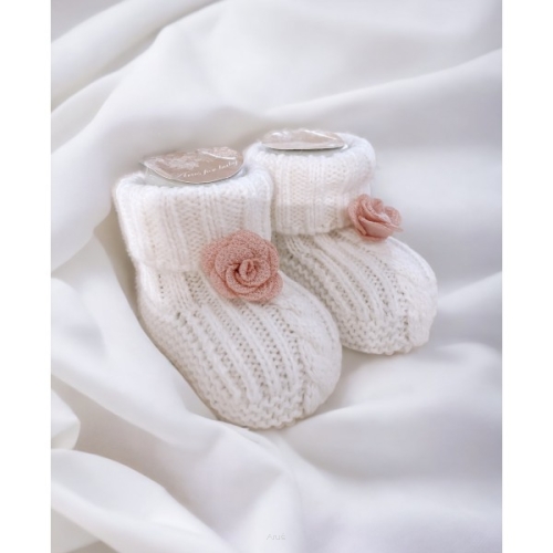 SWETERKOWE SKARPETKI/ BUCIKI O WARKOCZOWYM SPLOCIE ŚMIETANKOWE Z pudrowym kwiatuszkiem