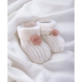 SWETERKOWE SKARPETKI/ BUCIKI O WARKOCZOWYM SPLOCIE ŚMIETANKOWE Z pudrowym kwiatuszkiem