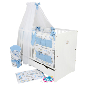 6 el.Pościel do łóżeczka 120x90 dwustronna "KOKARDKA" (ciuchcia niebieska +niebieski gladki)