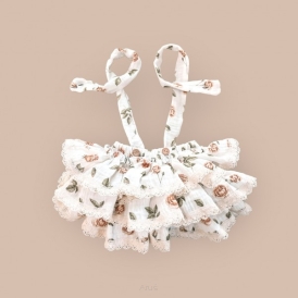 Spódnica/bloomersy muślinowa na szelkach , falbanki, koronki (caramel garden)