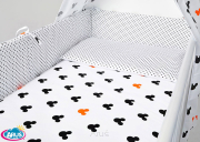 5 el.Pościel do łóżeczka 120x90 "DWUSTRONNA" czarno pomarancz myszki +czarne kropki