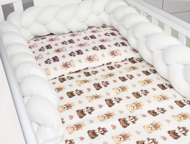 5 el.Pościel do łóżeczka 120x90 "Nature&Flowers" (beżowy miś kokardka +biały warkocz)