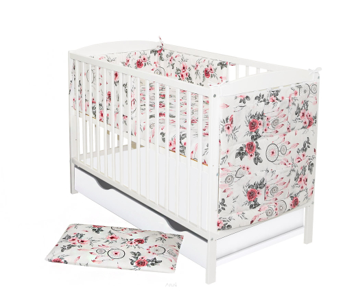 10 el łóżeczko z szufladą ARCO białe + materac + kpl.pościeli