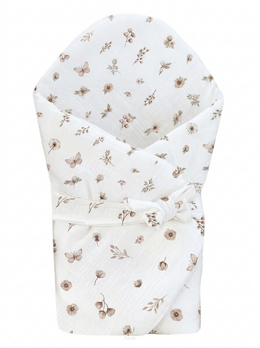 Rożek becik muślinowy, otulacz, kołderka, mata z wypełnieniem 4w1 (soft beige garden)