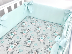 2 el.Pościel do łóżeczka 120x90 dwustronna "KOKARDKA" (różyczki popielate +mięta)