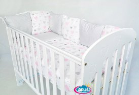 8 el.Pościel do łóżeczka 120x90 "MODUŁOWA" serca popiel rożowe+kropki na popielu