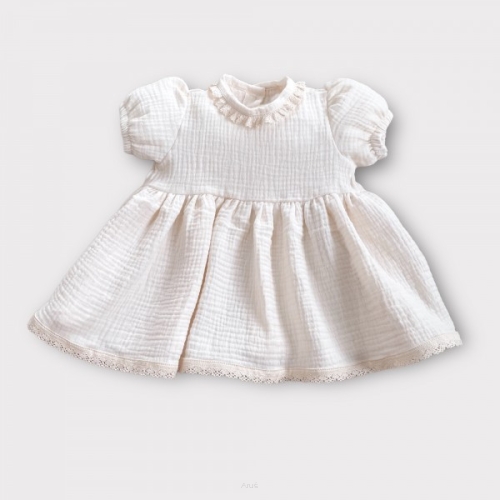 Sukienka muślinowa z krótkim rękawem Bufka Koronka (Latte)