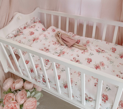 Pościel z wypełnieniem : do kołyski / mini łóżeczka /kosza mojżesza muślinowa (romantic)